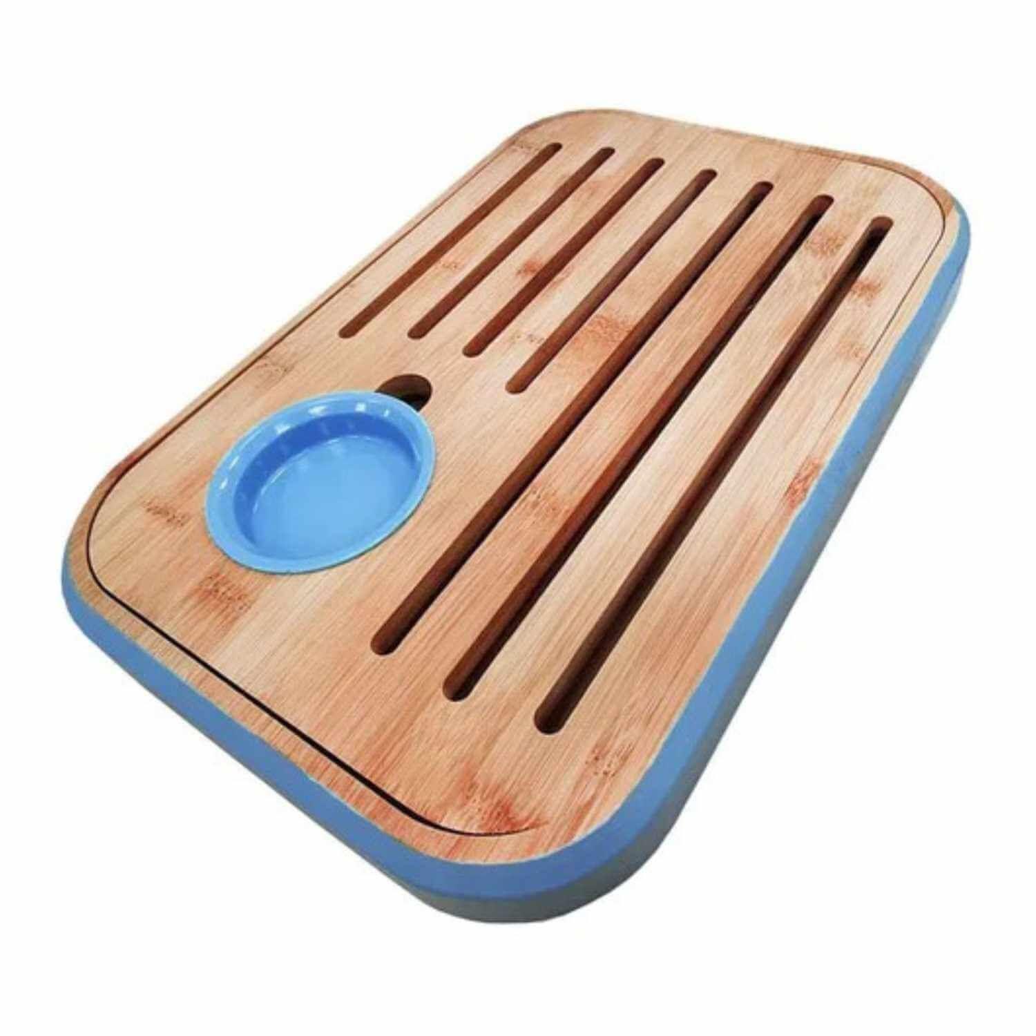 Tabla para cocktail de madera con pocillo celeste-1