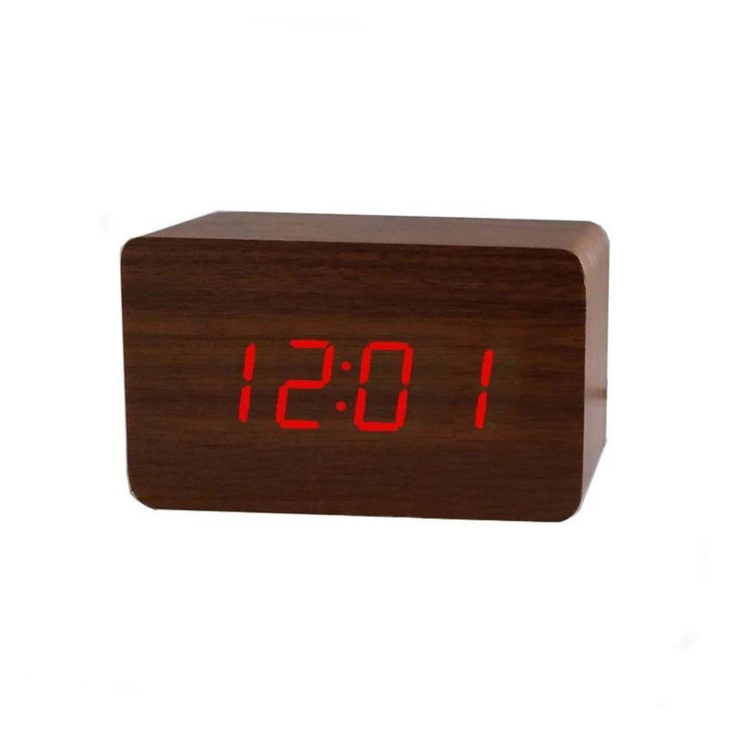 Reloj despertador digital  de madera  luz led roja-1