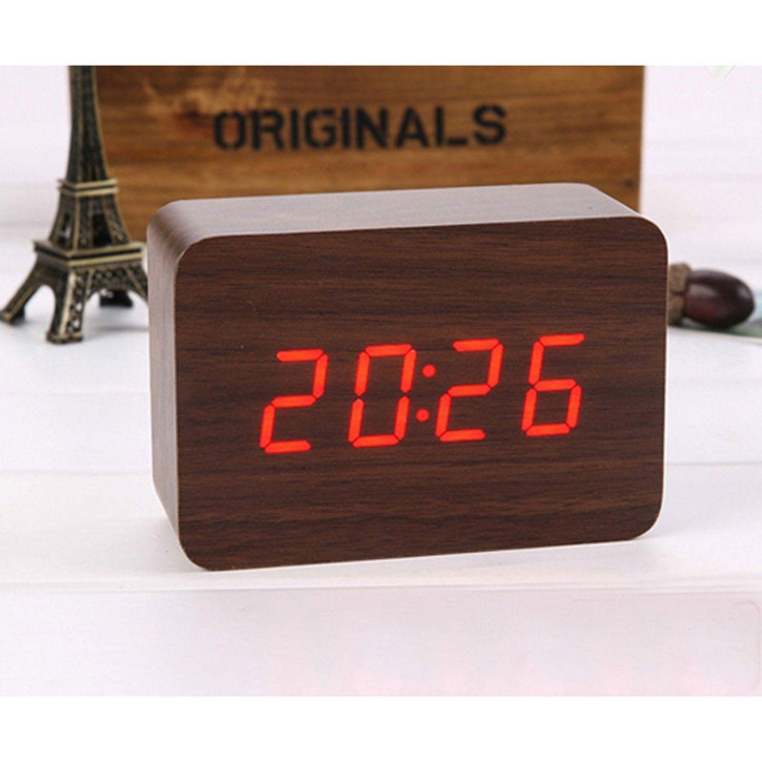 Reloj despertador digital  de madera  luz led roja-2