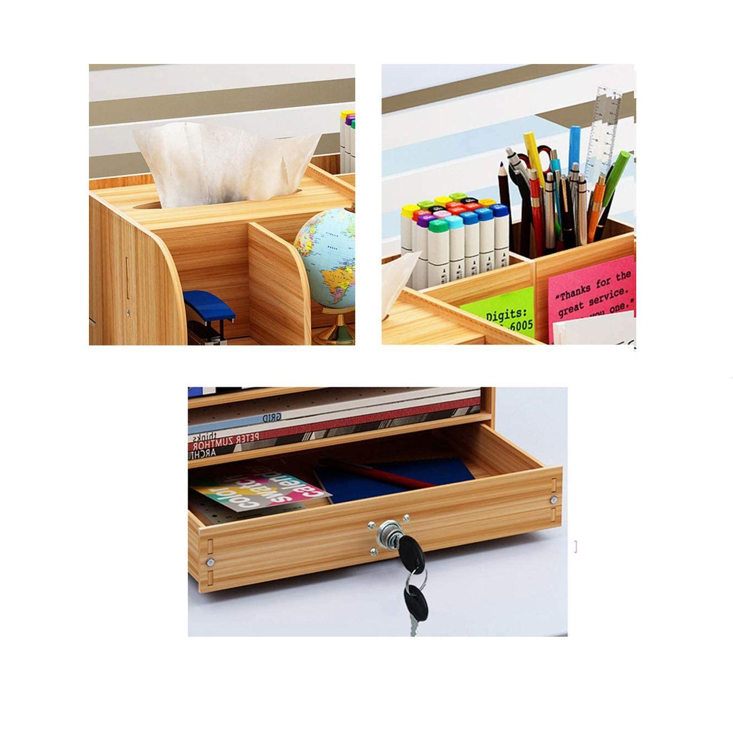 Organizador de escritorio multiuso de madera café-3