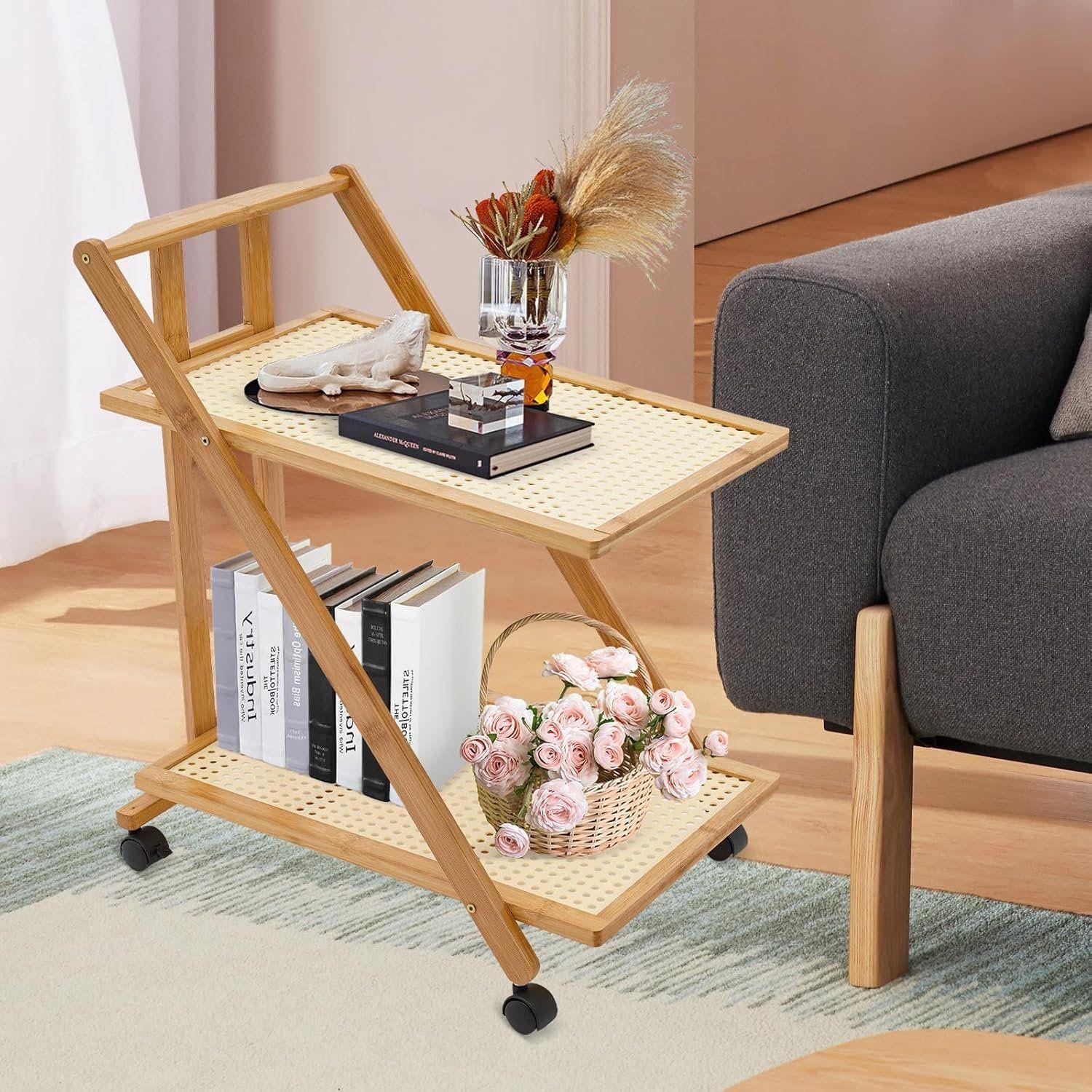 Mesa auxiliar ratán 2 niveles con ruedas-3