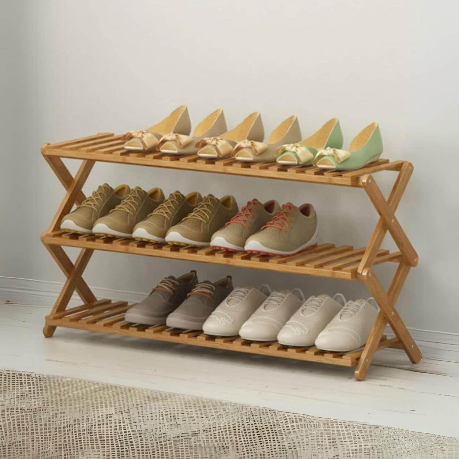 Zapatero plegable de madera con 3 niveles 100x25x46 cm-2