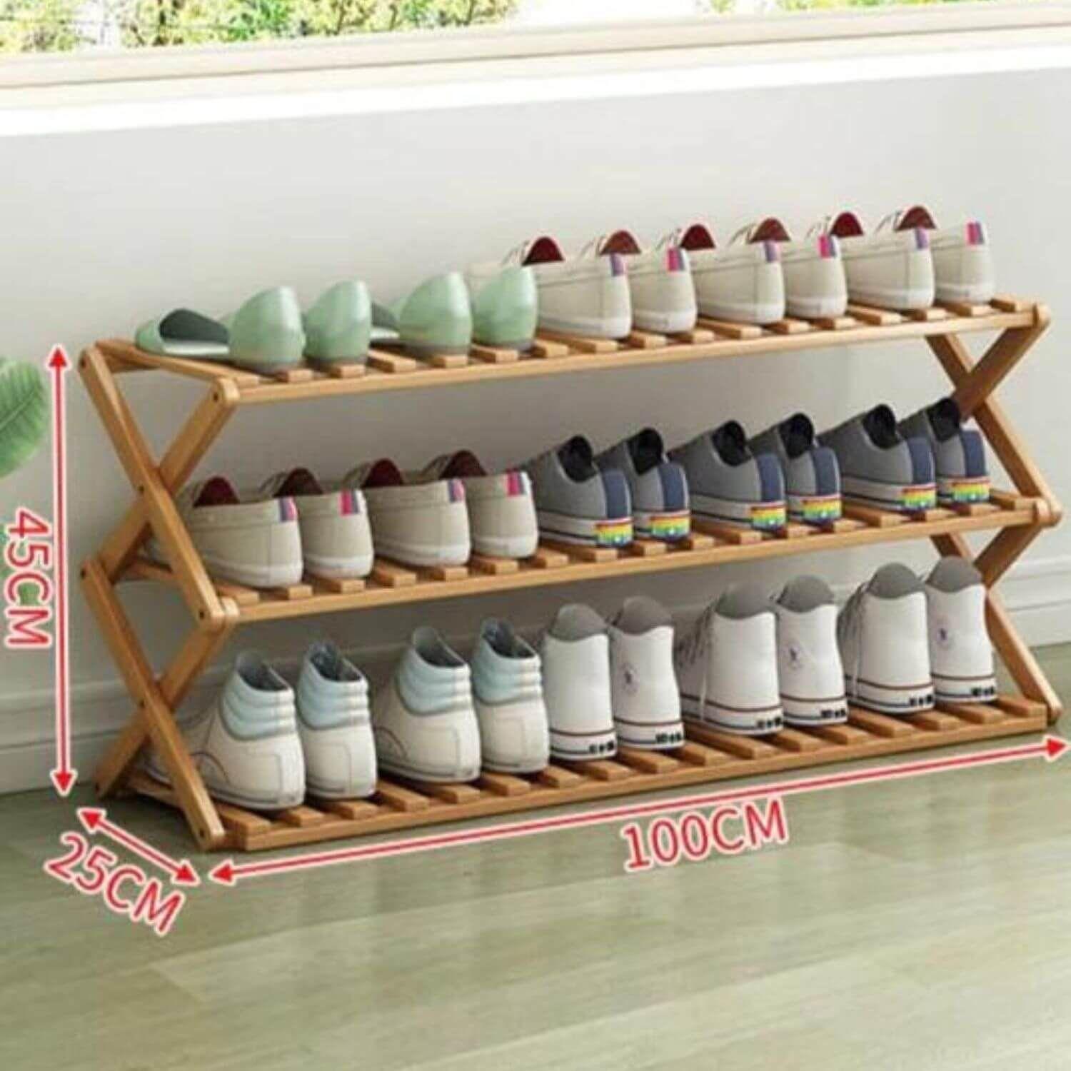 Zapatero plegable de madera con 3 niveles 100x25x46 cm-3