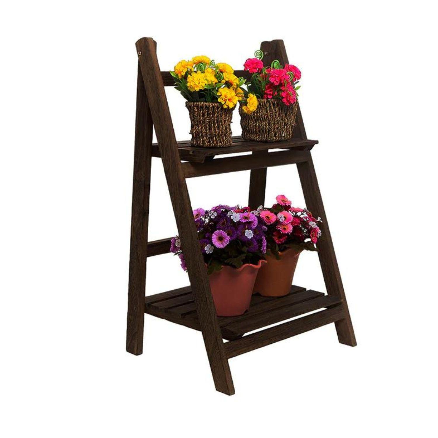 Estante plegable para plantas de madera 2 niveles café-0