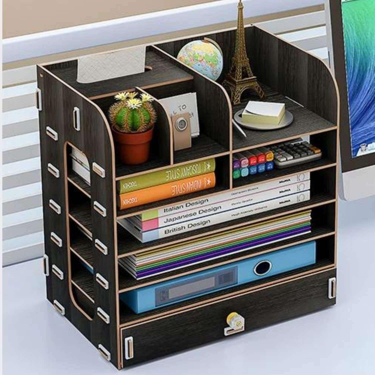 Organizador de escritorio multiuso de madera negro-3