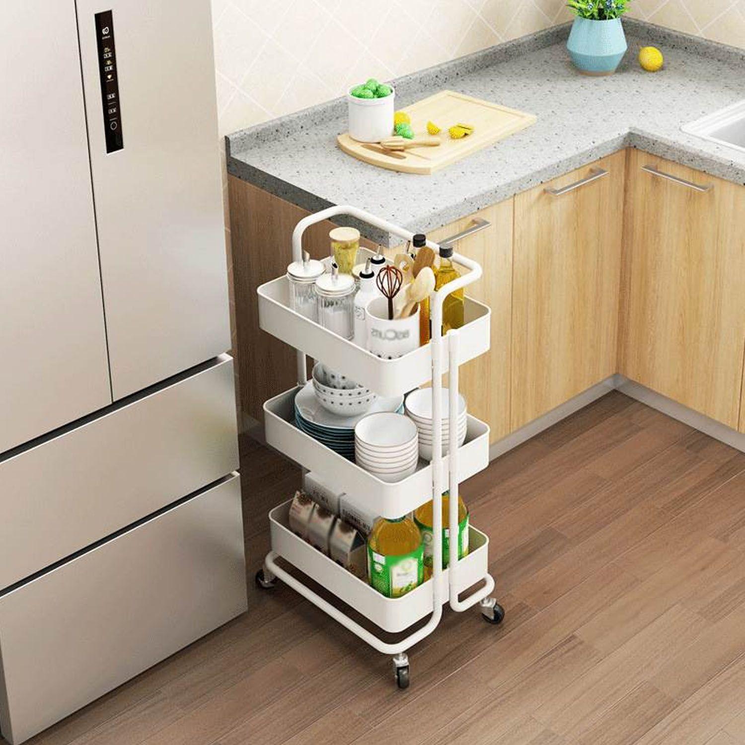 Organizador repisa de 3 niveles rodante de metal blanco-1