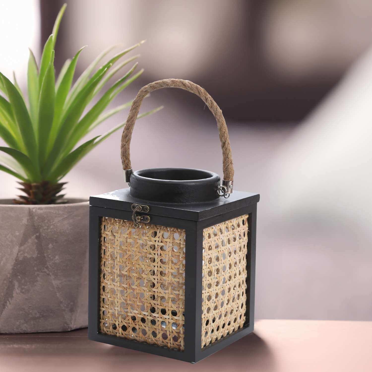 Farol rustico junco cuadrado 18 cm negro-3