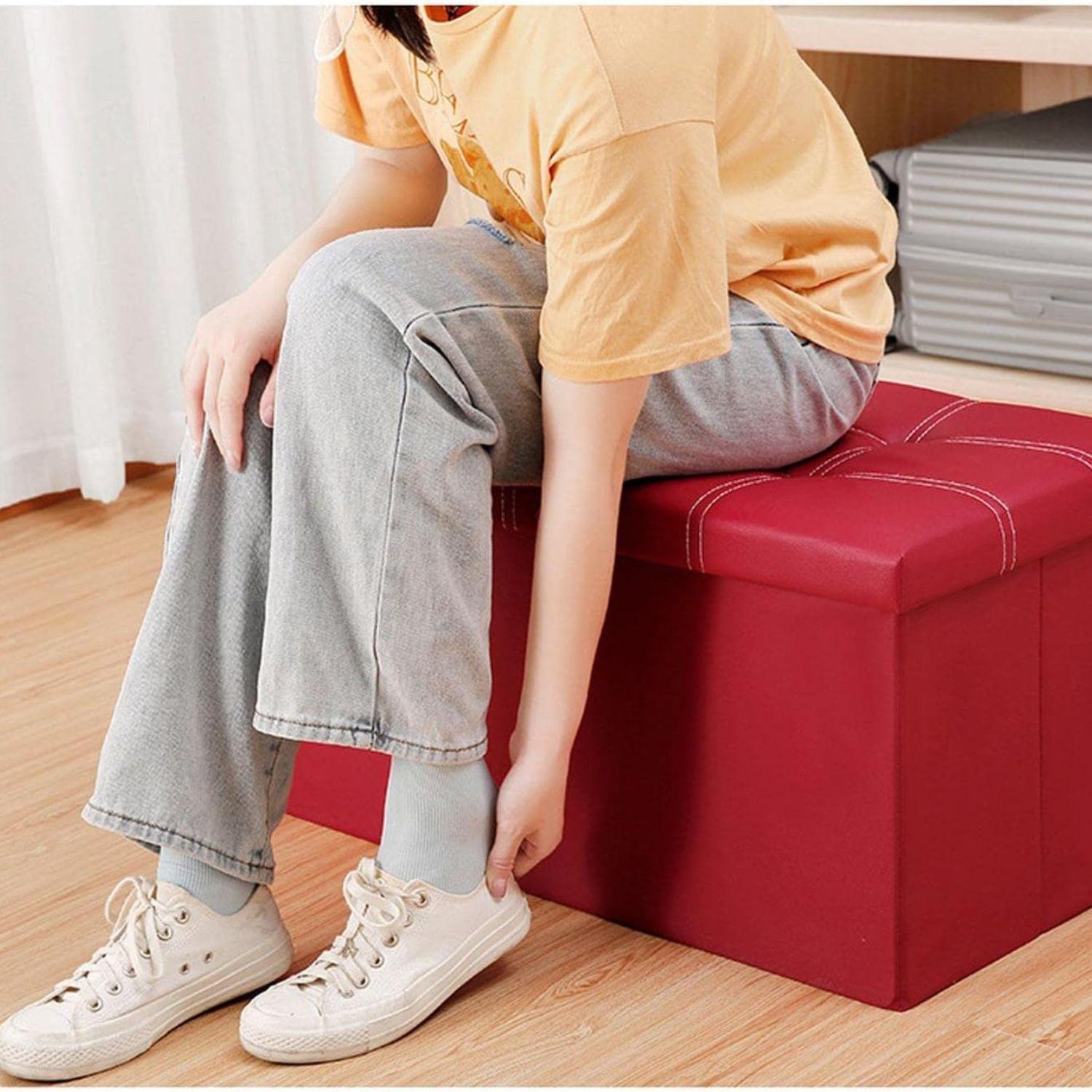 Baúl otomano plegable de ecocuero rojo-2