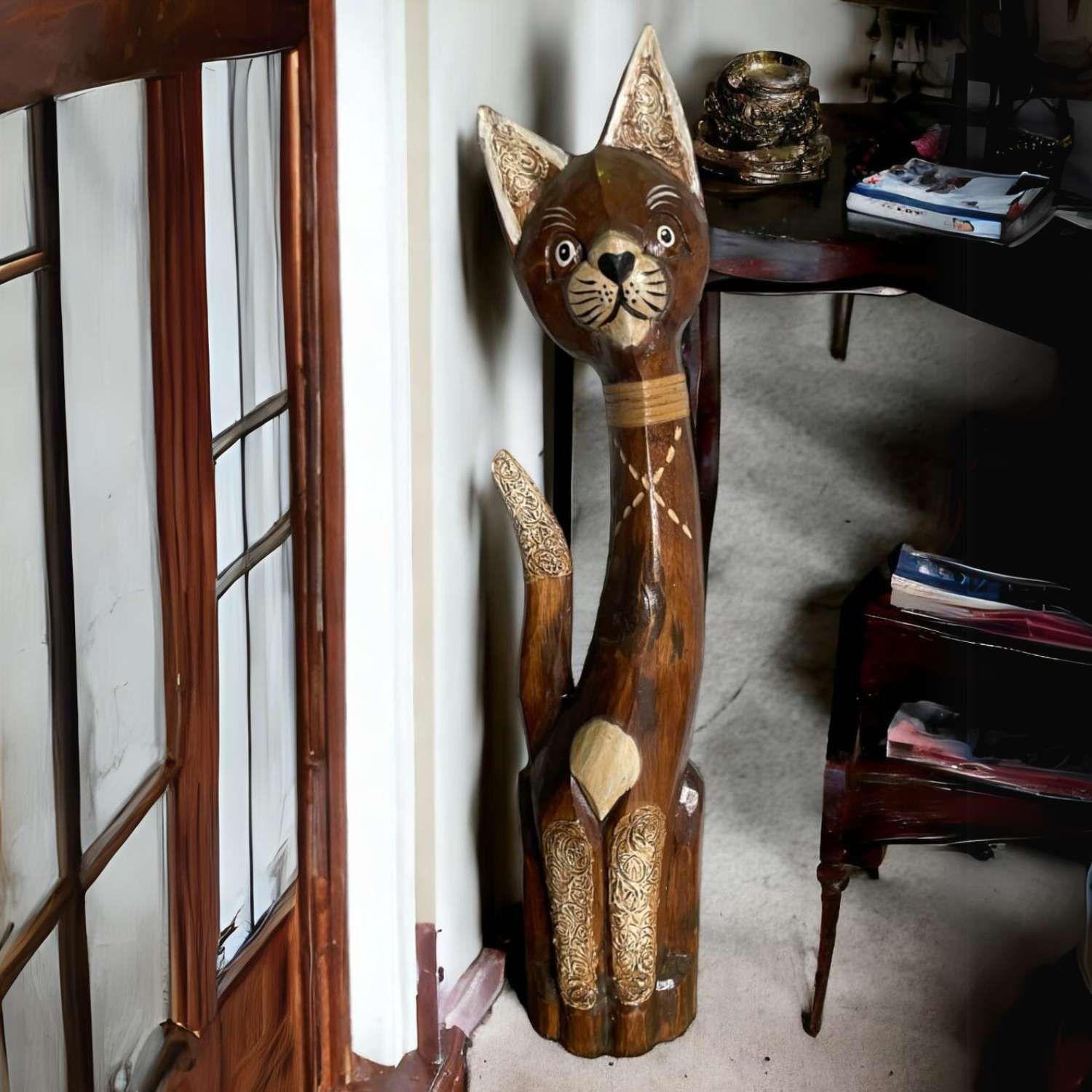 Gato madera artesanal 60 cm café-1