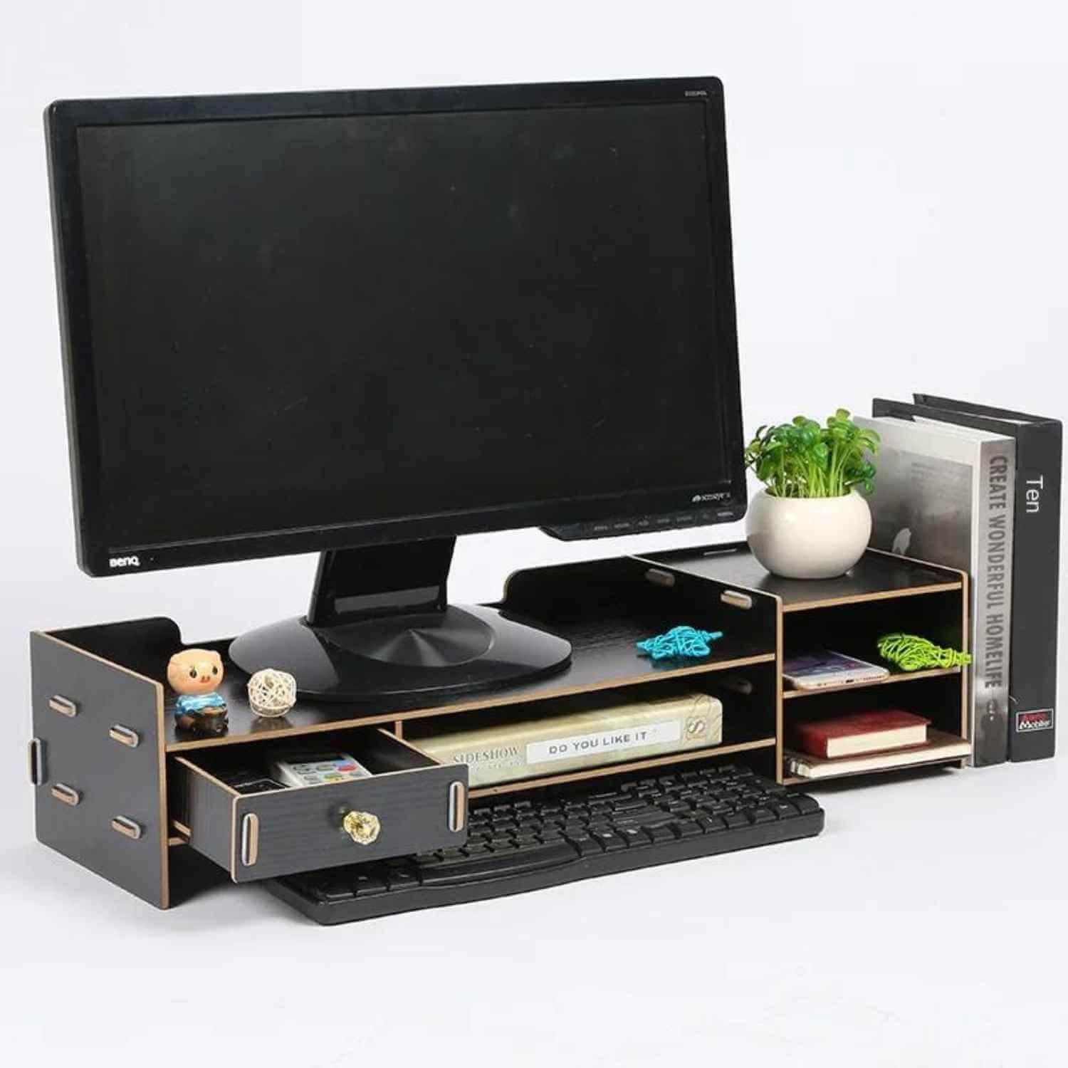 Base de monitor organizador para escritorio multiuso negro-1