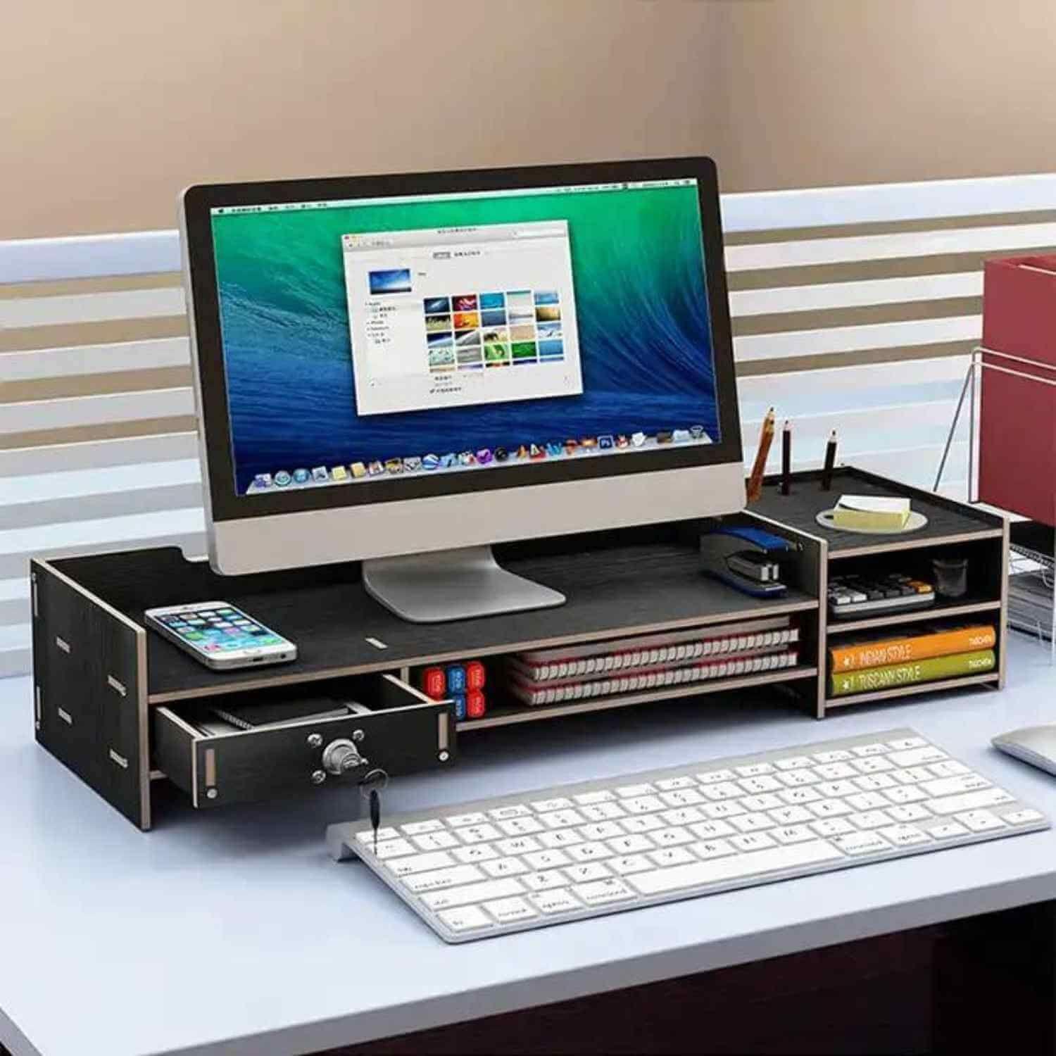 Base de monitor organizador para escritorio multiuso negro-3