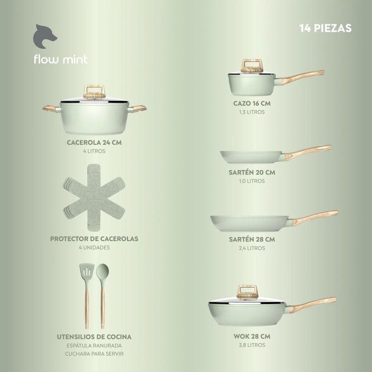 Batería Cocina 14 Pzs Aluminio Forjado Antiadherente Flow Verde-3