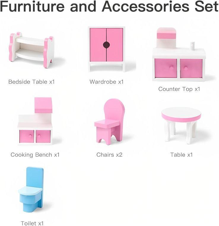 Casa de Muñecas Clásica de Madera Rosada con Accesorios-3