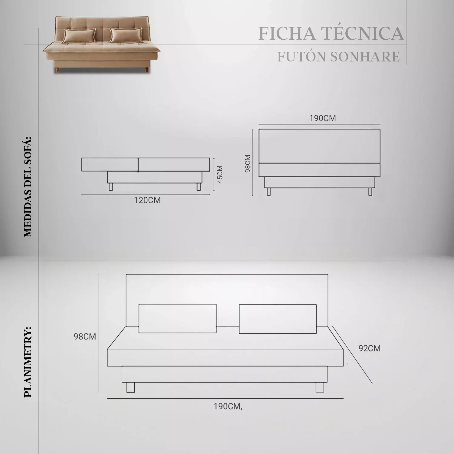 Futón Cama Sonhare 1.90m 1 Cuerpo Gray-2
