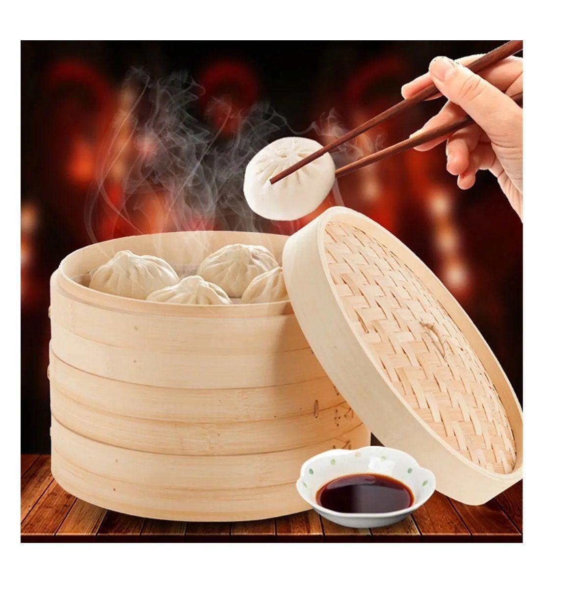 Vaporera De Bambú Olla De Vapor Cesta De Vapor Olla 24cm-1
