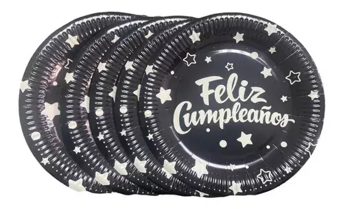 10 Platos Desechables Decoración Cumpleaños Plato Negro 0899-2