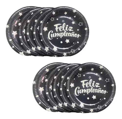 10 Platos Desechables Decoración Cumpleaños Plato Negro 0899-0