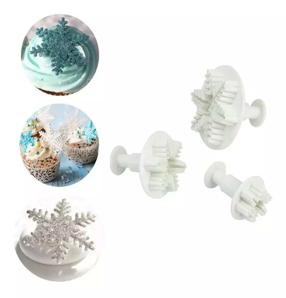 pack 3 Molde Fondant Cortador Con Expulsor Copo de Nieve-5