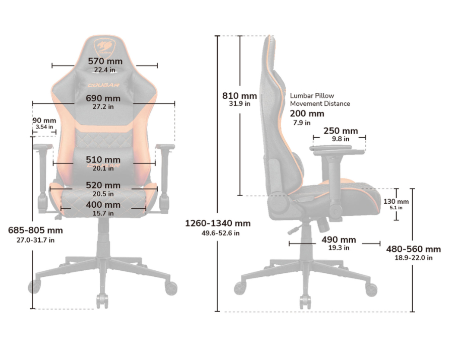 Silla Gamer Cougar Armor One V2 Gold F Soporte M x 120 kg Reposabrazos 4D Reclinable 155-6