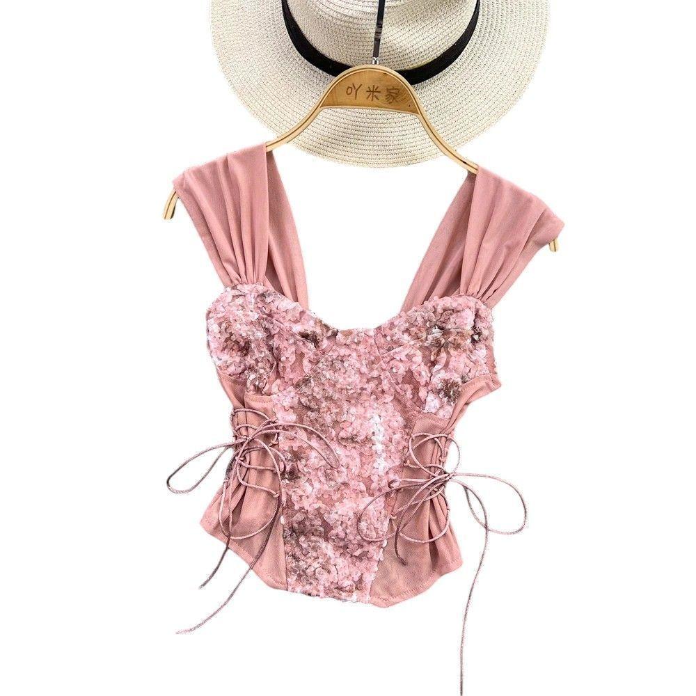 Crop Top De Moda Con Encaje Y Mangas Cortas-0