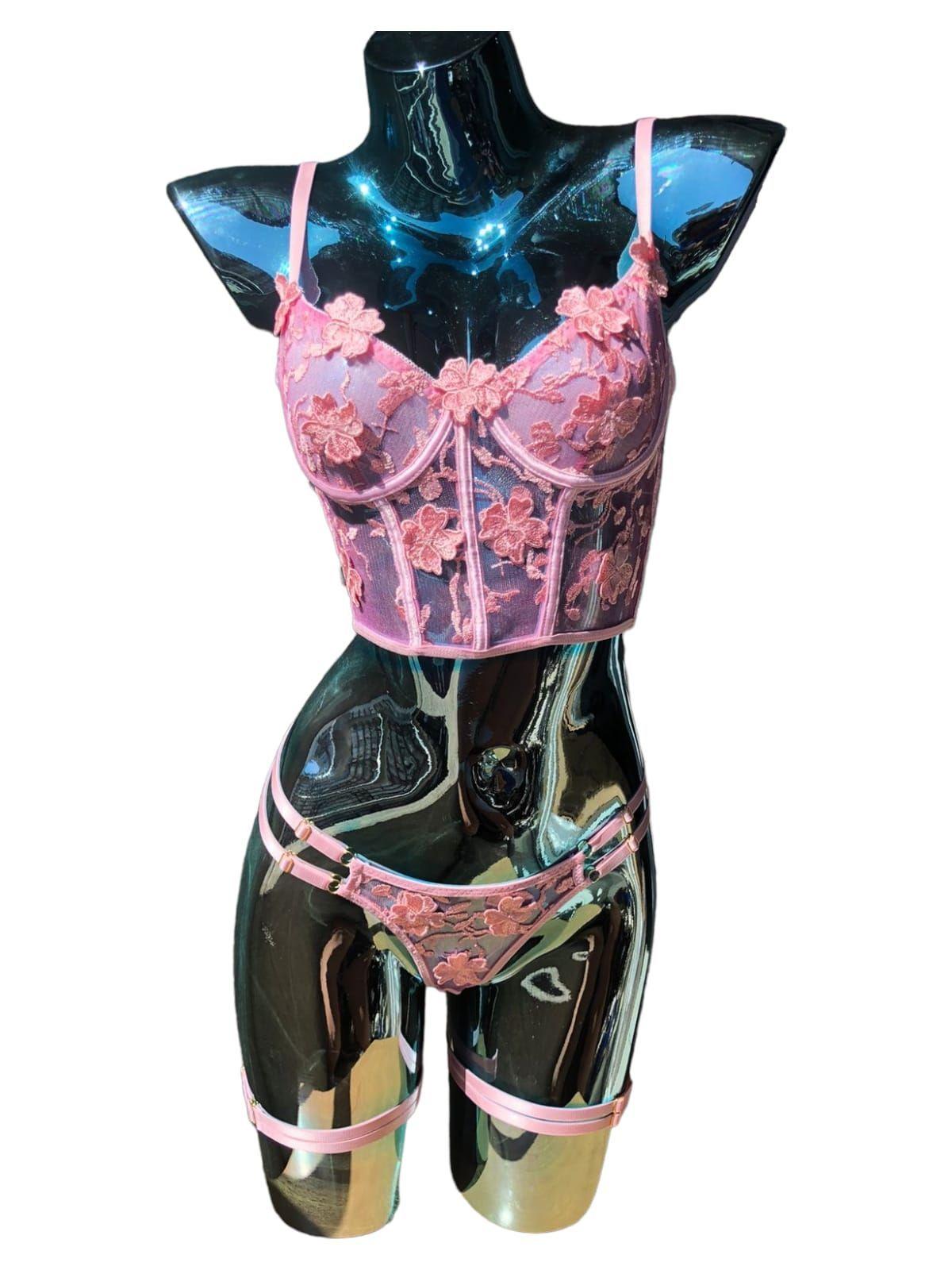 Conjunto De Lencería Tipo Corset Sexy Con Encaje-0