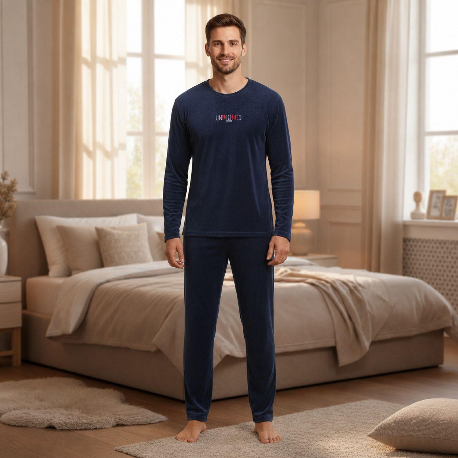 Pijama Hombre Plush Bordado Azul Marino-3