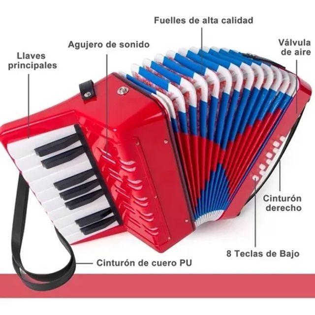 Acordeón 17 Teclas 8 Botones De Bajo Mediano Kids Nutech Color Rojo Instrumento Musical De Aprender -7