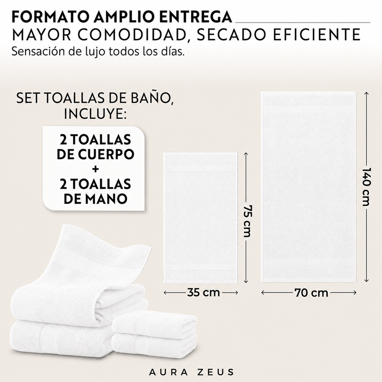 Set De 4 Toallas De Baño Algodon 600gr/m2 Cuerpo Mano Grande Az-2
