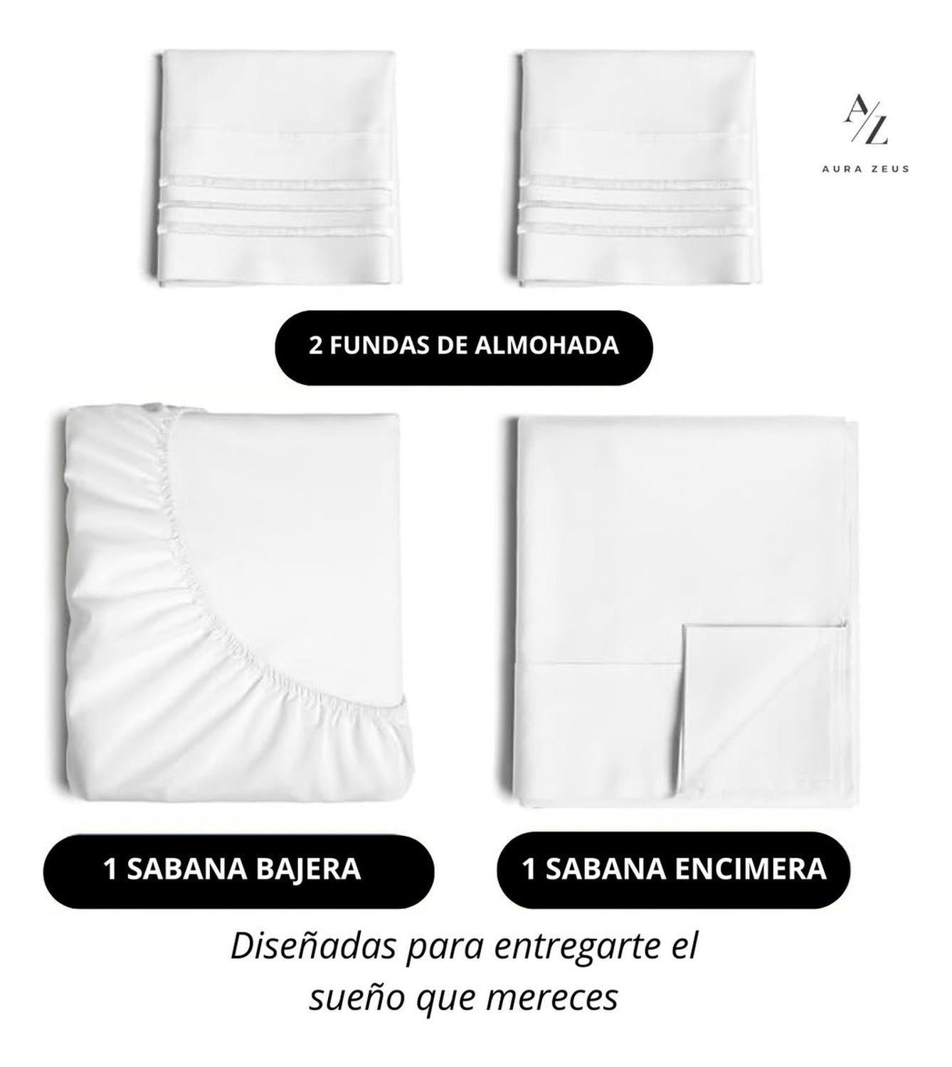 Juego De Sabanas 1800 Hilos Microfibra Cepillada Plazas Az  2.5 Blanco 2 Blanco 2 Negro-1