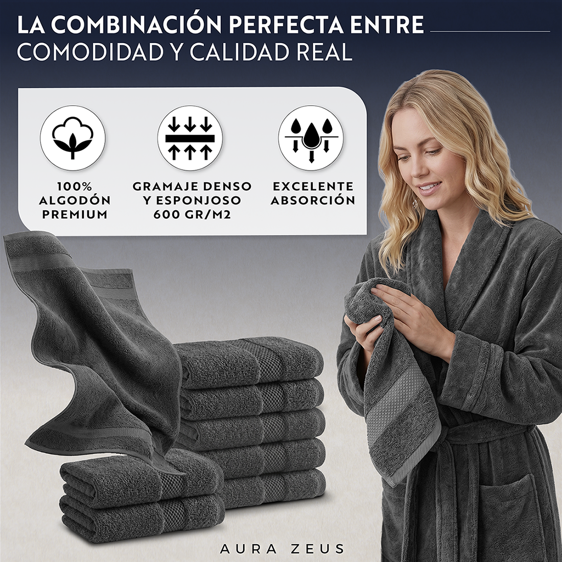 Juego De 8 Toallas De Mano 75x35 Cm Algodon 600gr/m2 Baño Set Az-3