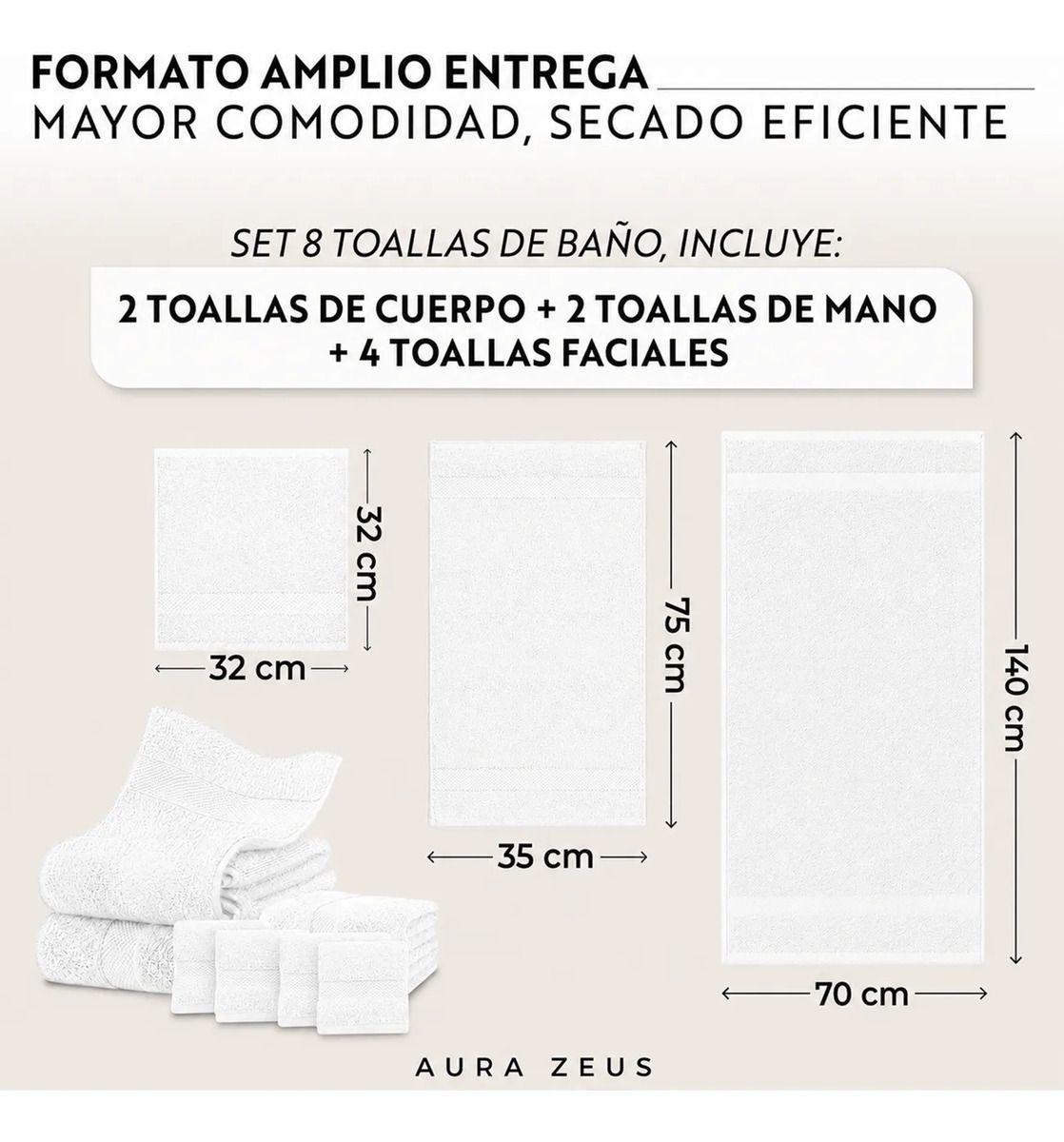 Set De 8 Toallas De Baño Algodon 600gr/m2 Cuerpo Mano Grande Az-1
