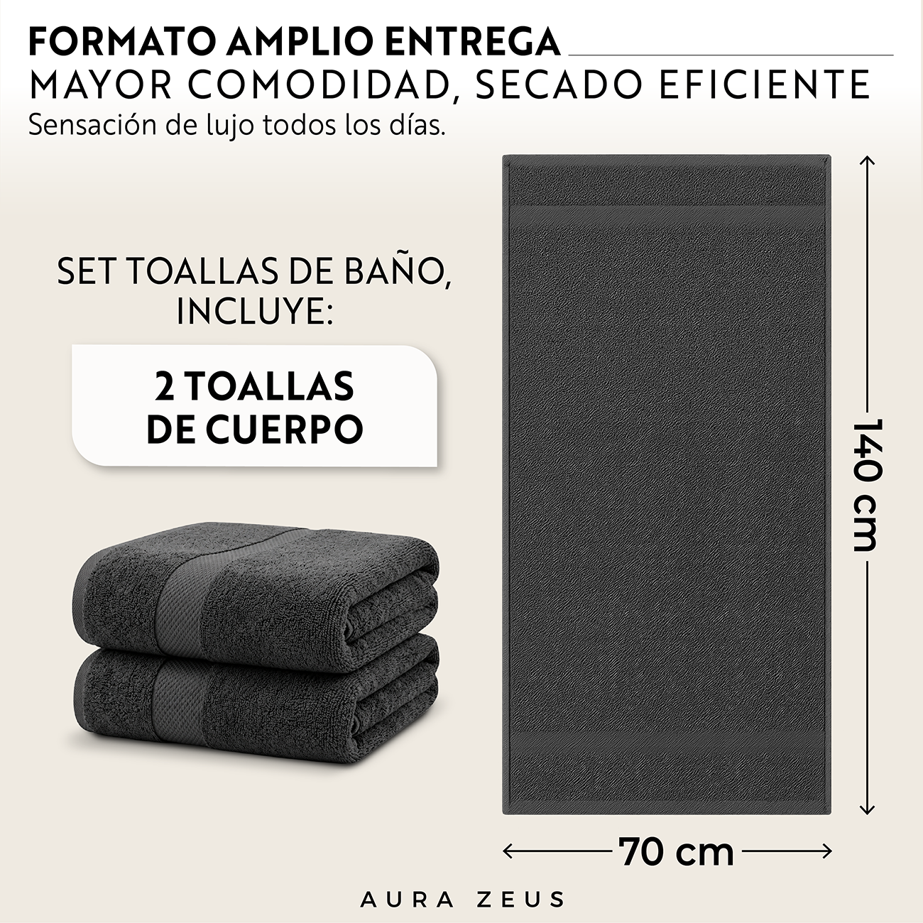 Set De 2 Toallas De Baño 140x70 Cm Algodon 600gr/m2 Grandes Az-2