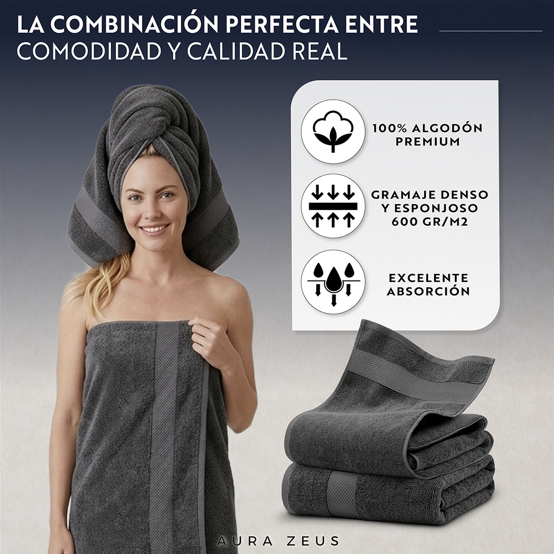 Set De 2 Toallas De Baño 140x70 Cm Algodon 600gr/m2 Grandes Az-3
