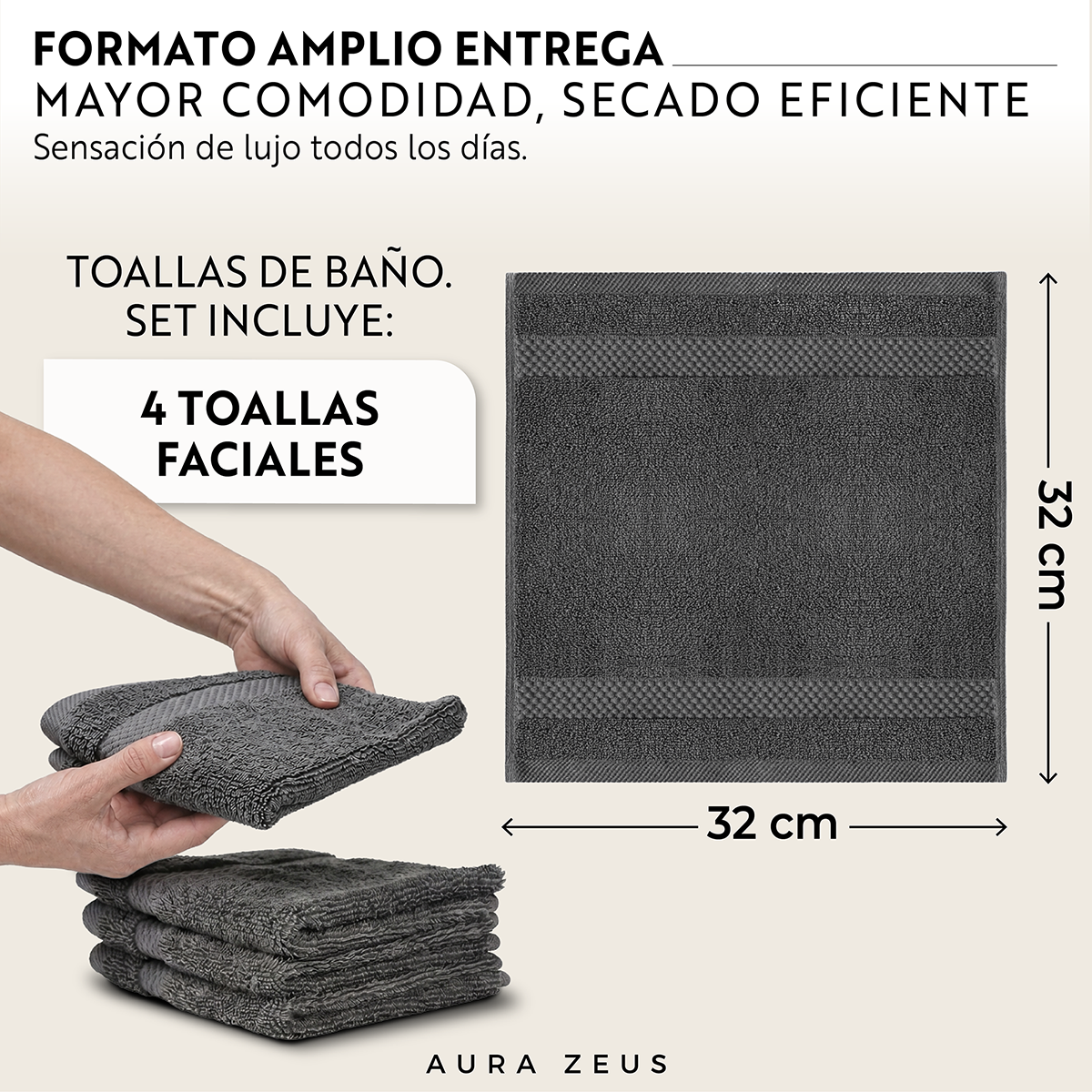 Juego De 4 Toallas Faciales 32x32cm Algodon 600gr/m2 Set Baño Az-2