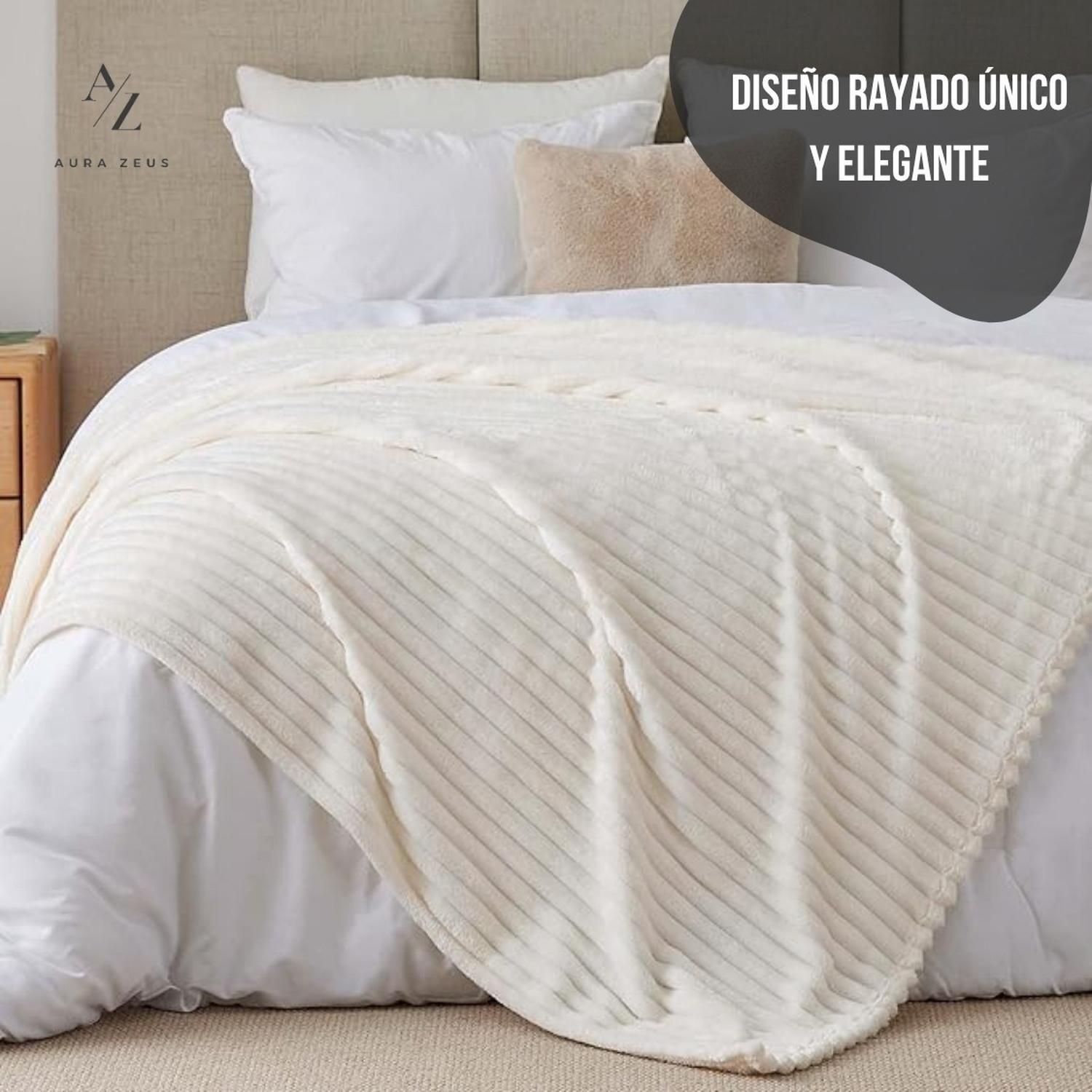 Frazada Manta Piecera 130 X 150 Cm Termica Sherpa Polar Az Rayas Blanco-3