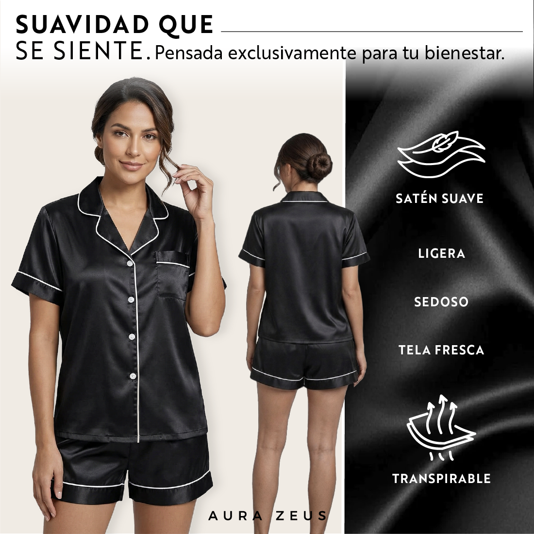 Pijama De Saten Mujer 2 Piezas Set Camisa Y Short Suave Boton Negro y Rosa-6