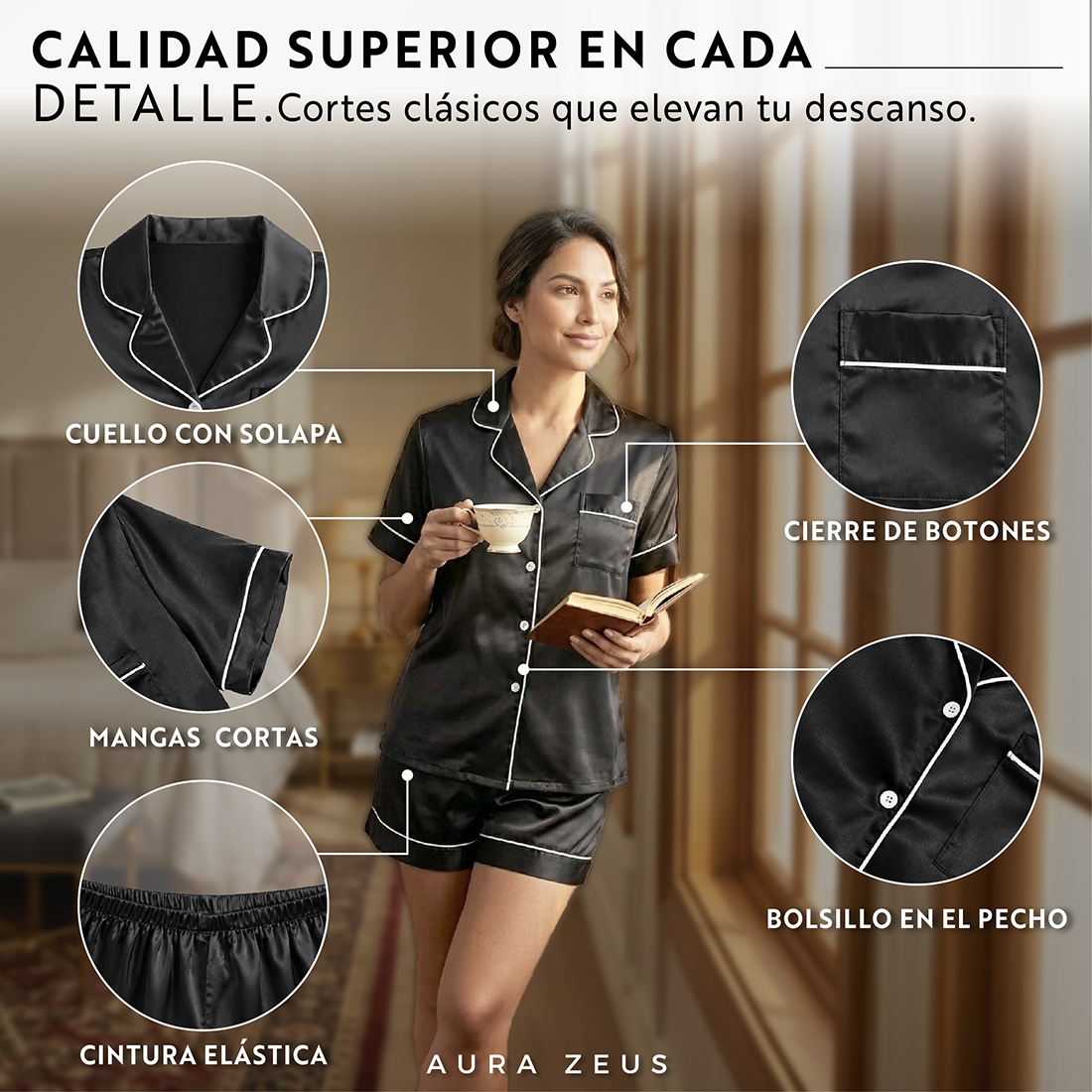 Pijama De Saten Mujer 2 Piezas Set Camisa Y Short Suave Boton Negro y Rosa-7