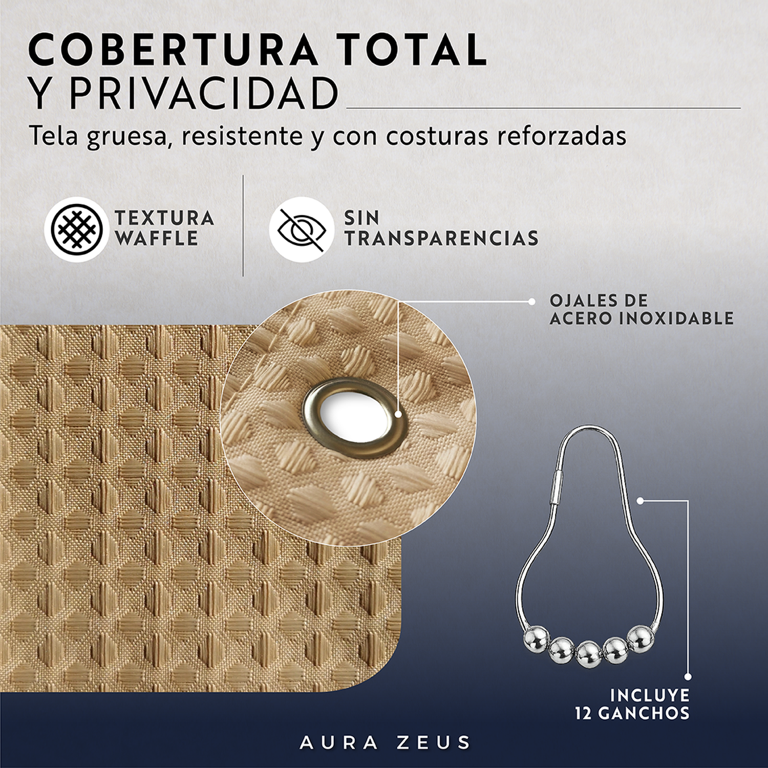 Cortina De Baño Impermeable Tela Ducha +12 Gancho Premium Az-4
