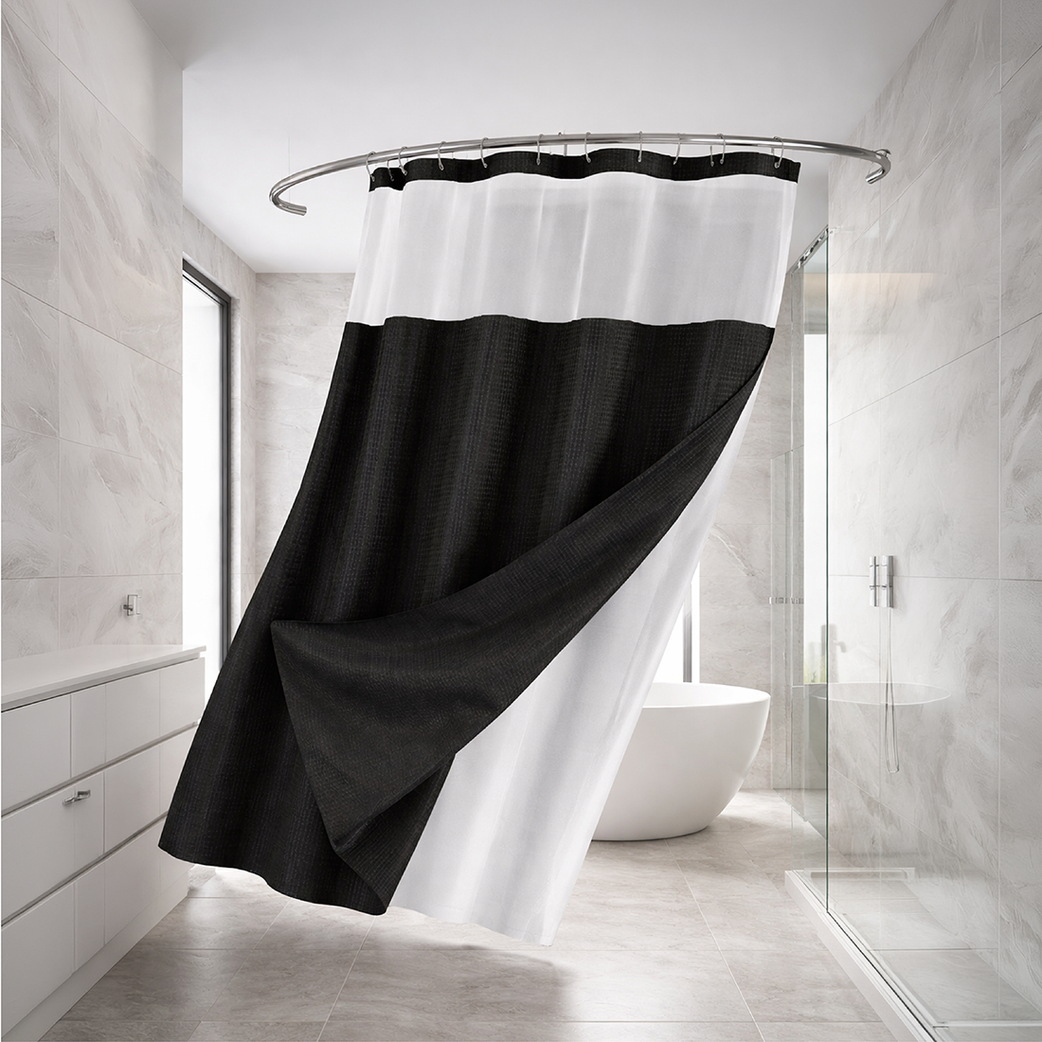 Cortina De Baño Diseño Impermeable + Forro Y 12 Ganchos Az-0