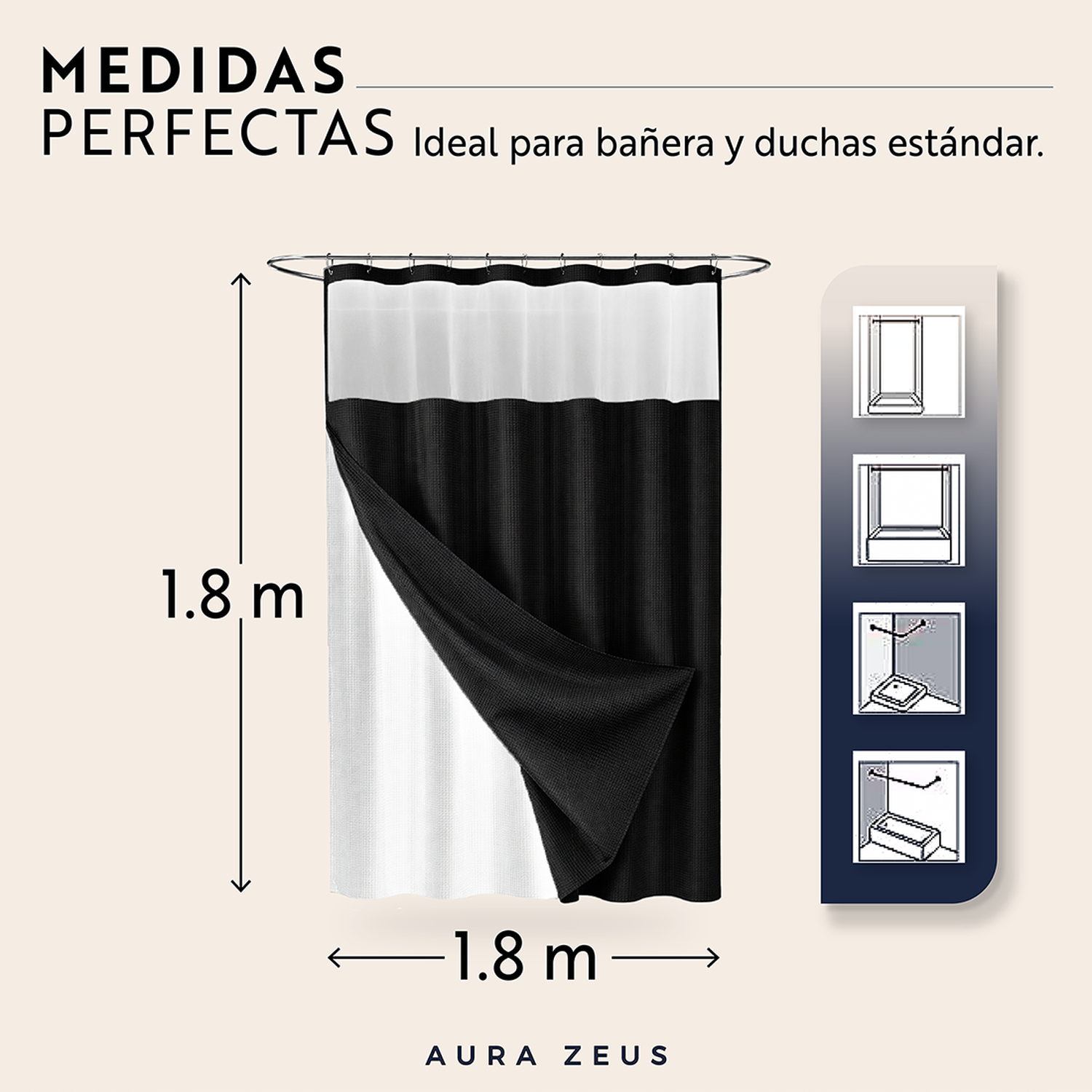 Cortina De Baño Diseño Impermeable + Forro Y 12 Ganchos Az-2