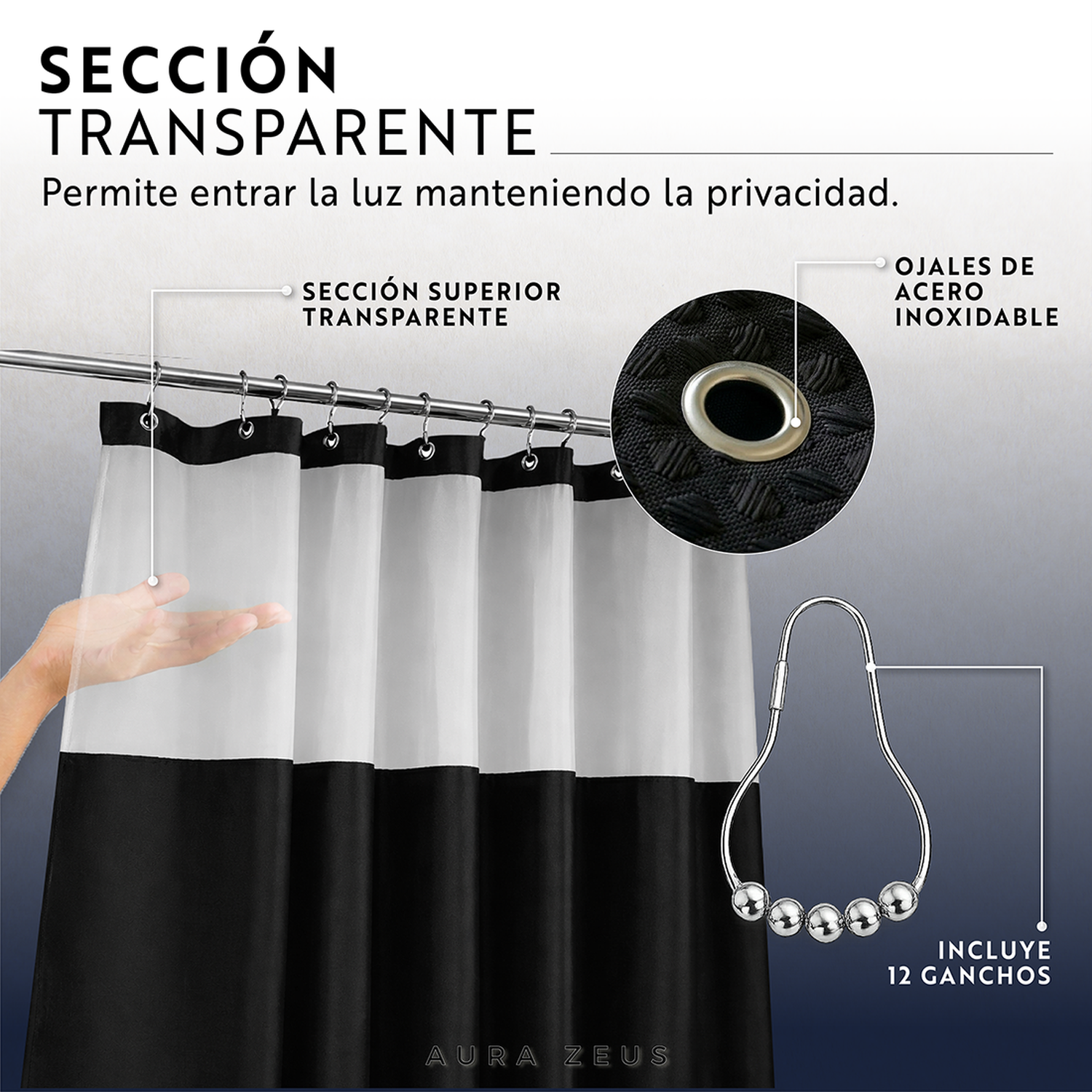 Cortina De Baño Diseño Impermeable + Forro Y 12 Ganchos Az-6