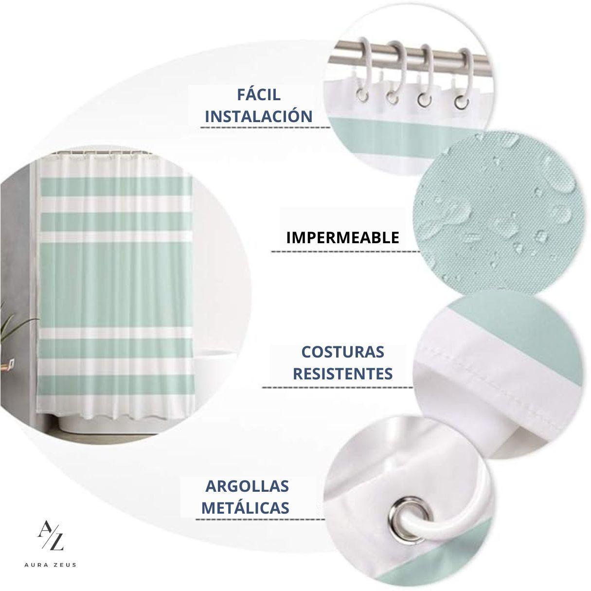 Cortina De Baño Diseño Impermeable Tela Bano + 12 Ganchos Aura Zeus-3