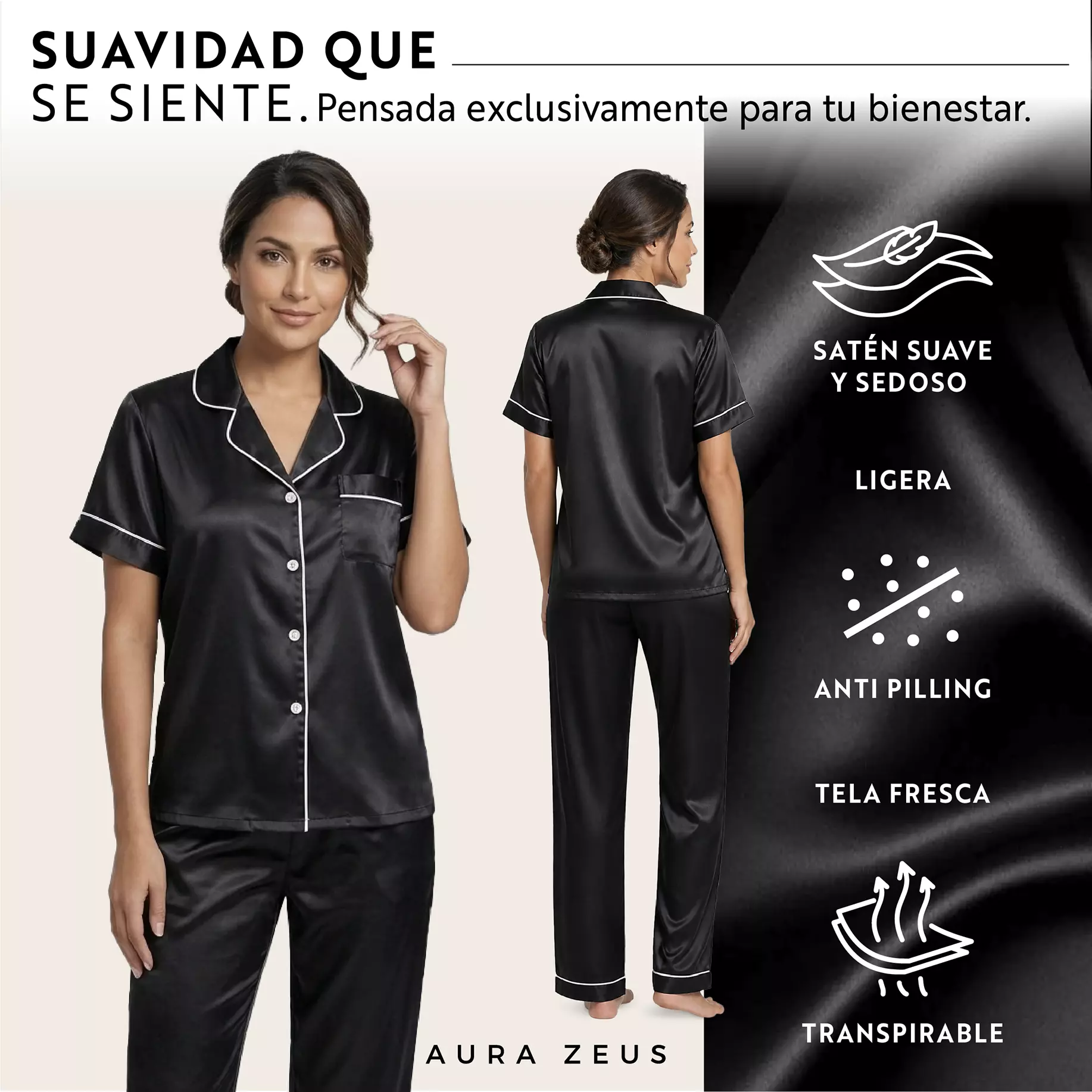 Pijama De Saten Mujer 2 Piezas Set Camisa Y Pantalon Suave Boton Negro y Rosa-6