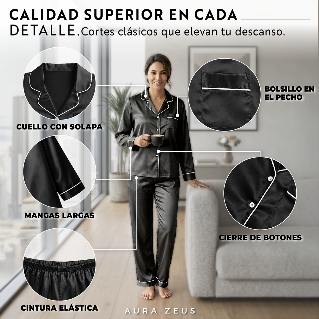 Pijama De Saten Mujer 2 Piezas Set Camisa Y Pantalon Suave Boton Negro y Rosa-7