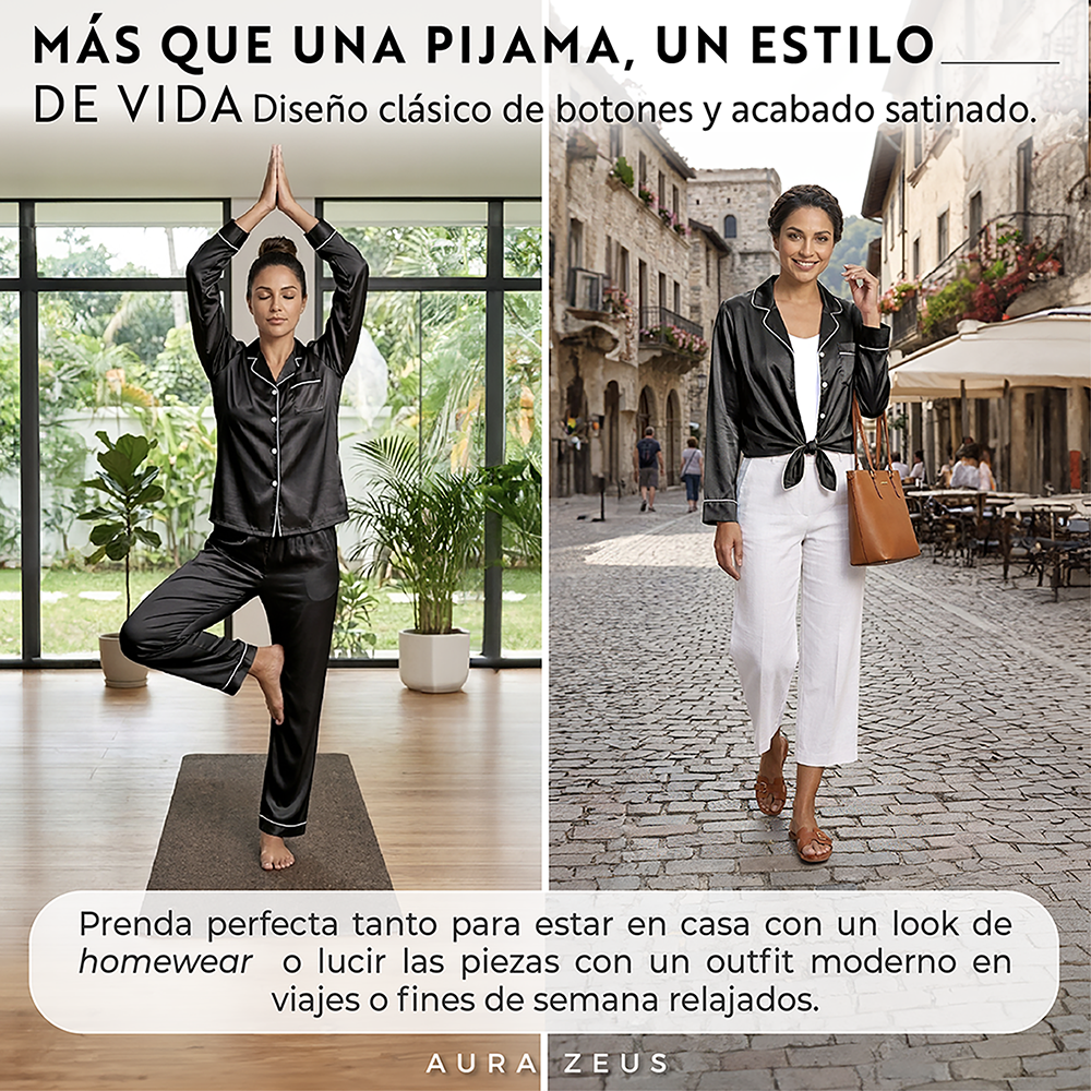Pijama De Saten Mujer 2 Piezas Set Camisa Y Pantalon Suave Boton Negro y Rosa-8