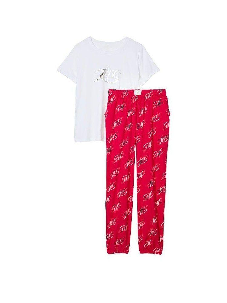 Pijama Largo Mujer Franela Rojo Blanco Talla L - Victoria's Secret-0