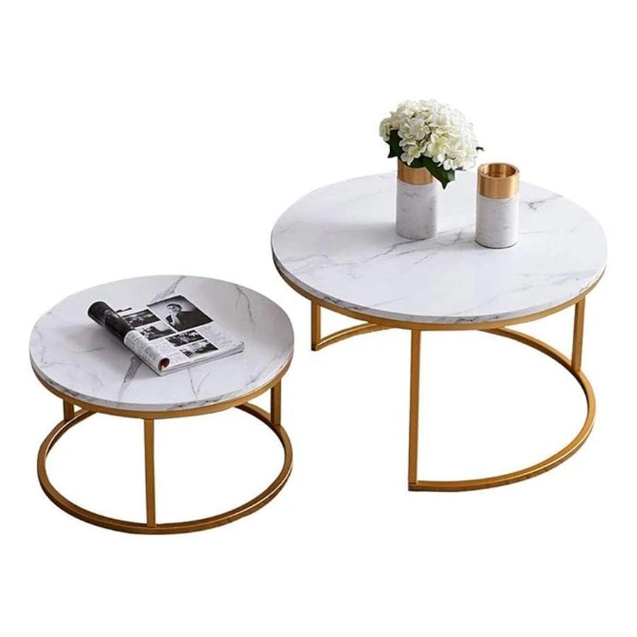 Mesa De Centro Doble Mesa Auxiliar Redonda Moderna Blanca-0