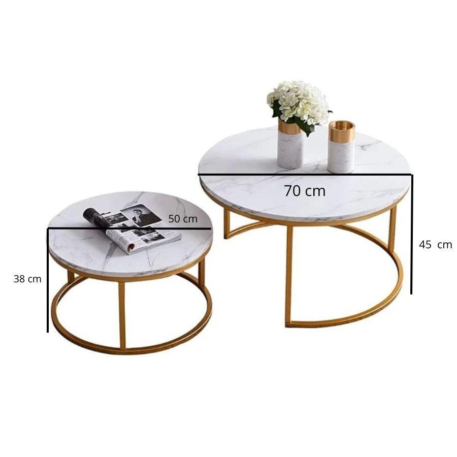 Mesa De Centro Doble Mesa Auxiliar Redonda Moderna Blanca-3