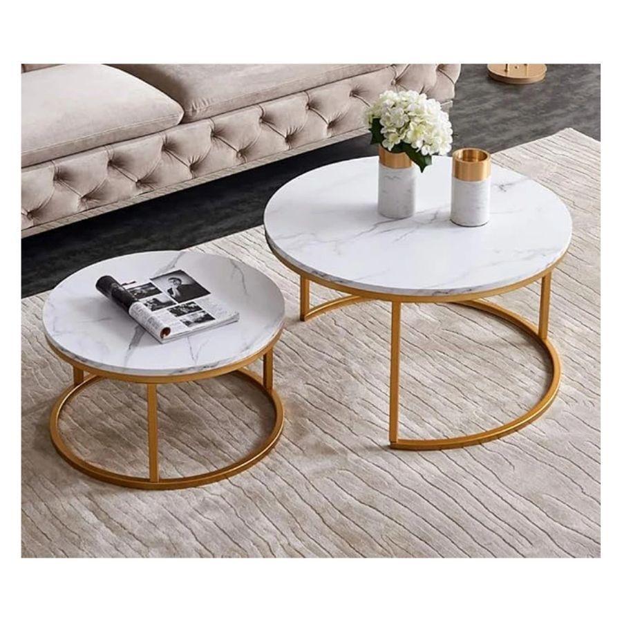 Mesa De Centro Doble Mesa Auxiliar Redonda Moderna Blanca-4