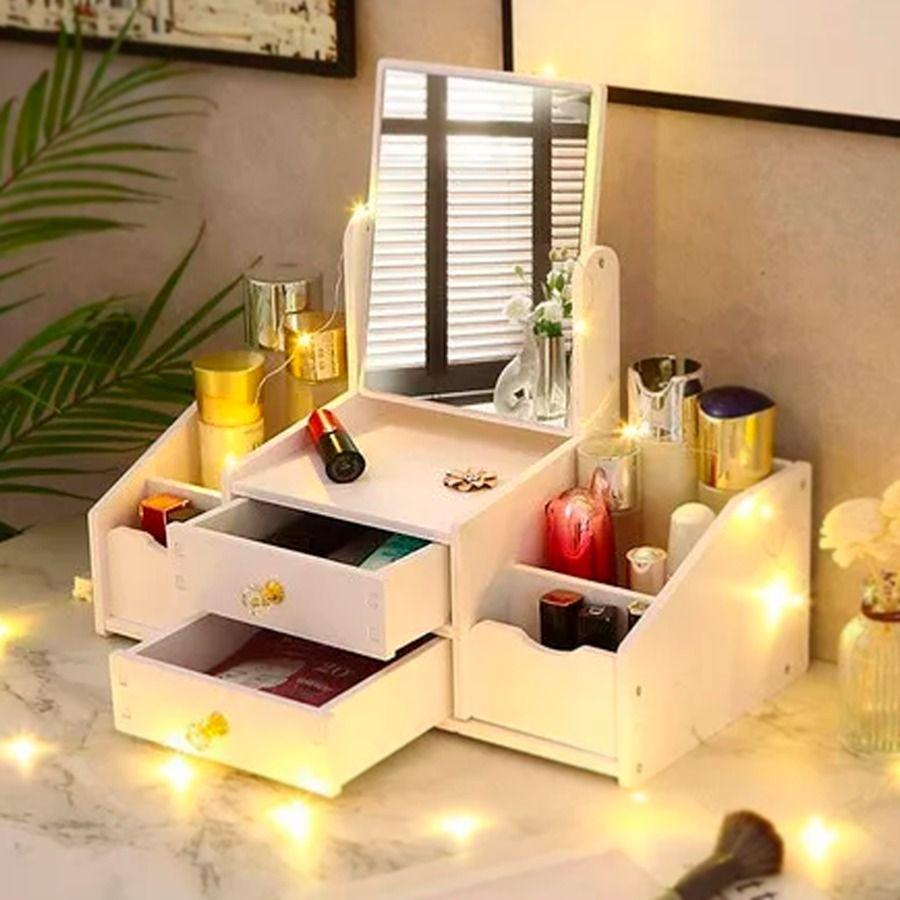 Organizador De Cosméticos Multifuncional Con Espejo 2 Cajones Rotación 360-2